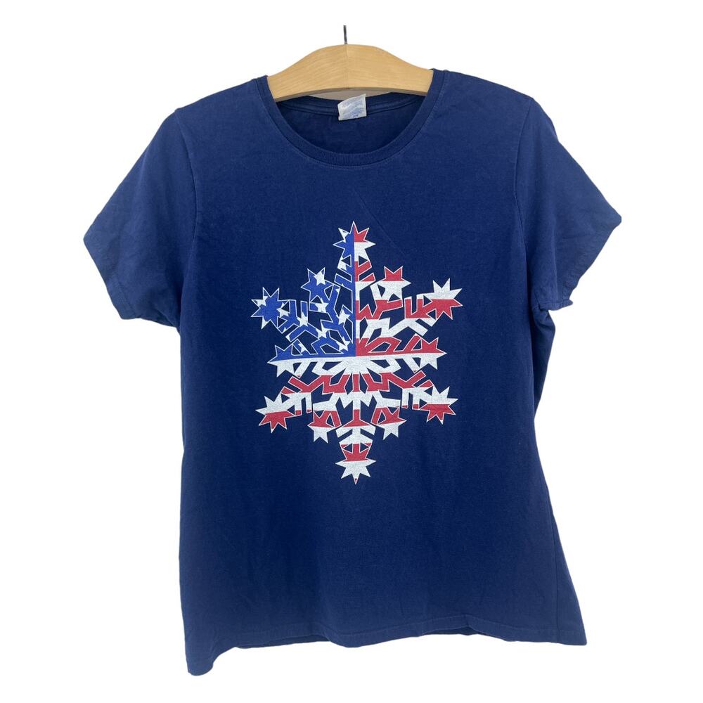Port & Company Large Blue Patriotic American Flag Snowflake Christmas Tee Shirt